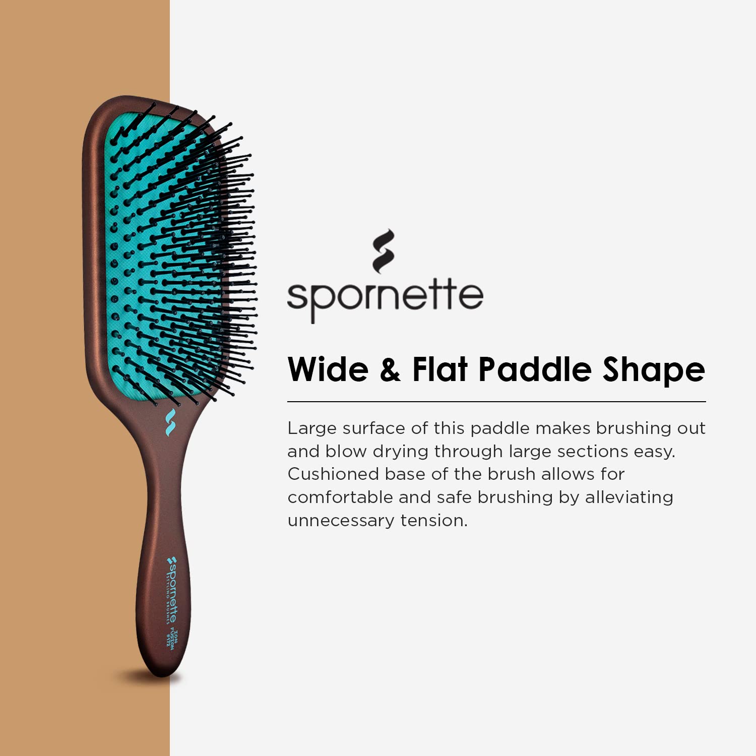 SPORNETTE Ion Fusion Paddle Hair Brush - Ionic Nylon Bristles for Detangling & Smoothing - Medium to Long Hair - Brown - Model 172