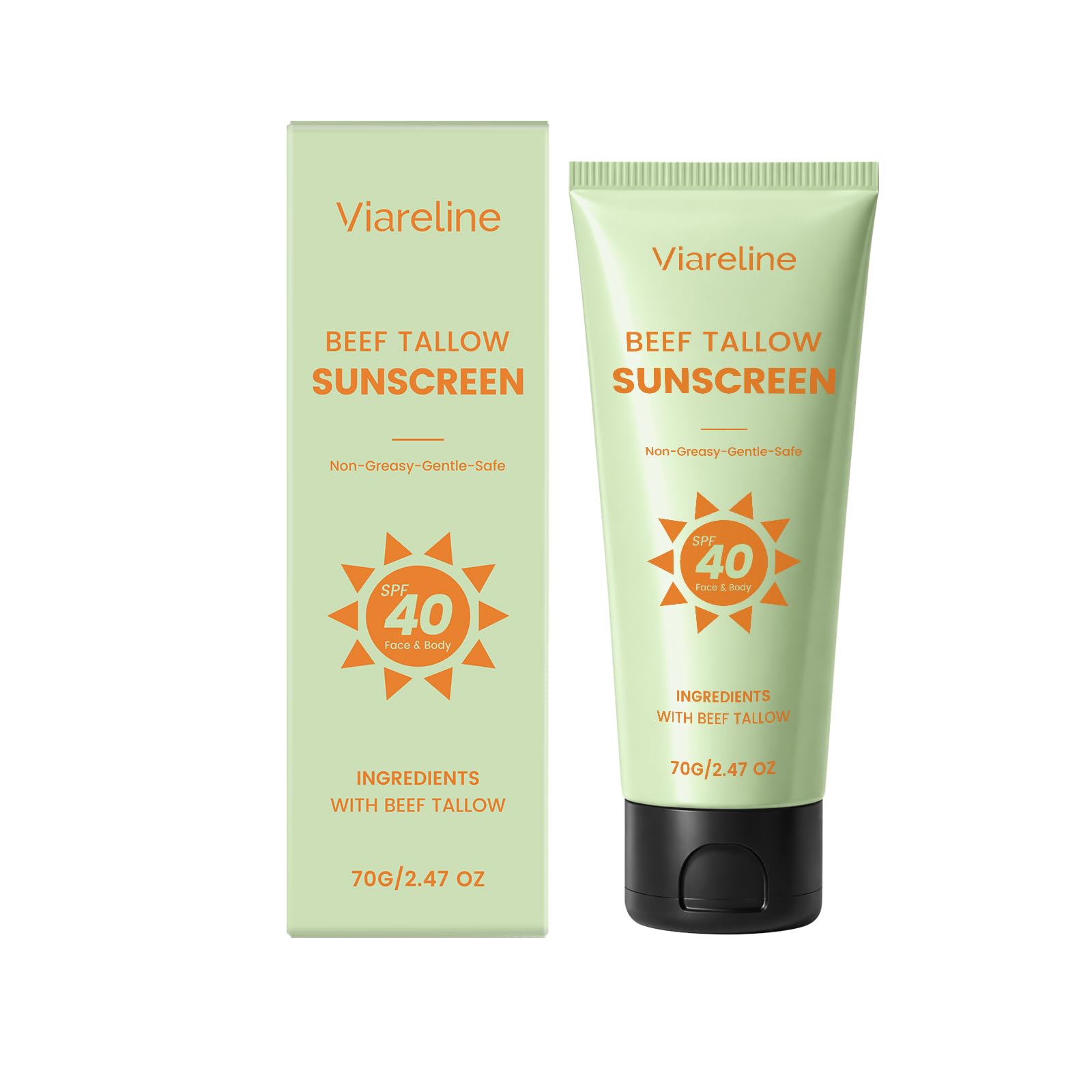 Viareline Beef Tallow Sunscreen, SPF 40, NonGreasy, Face & Body, 2.47 oz, with Avocado and Titanium Dioxide