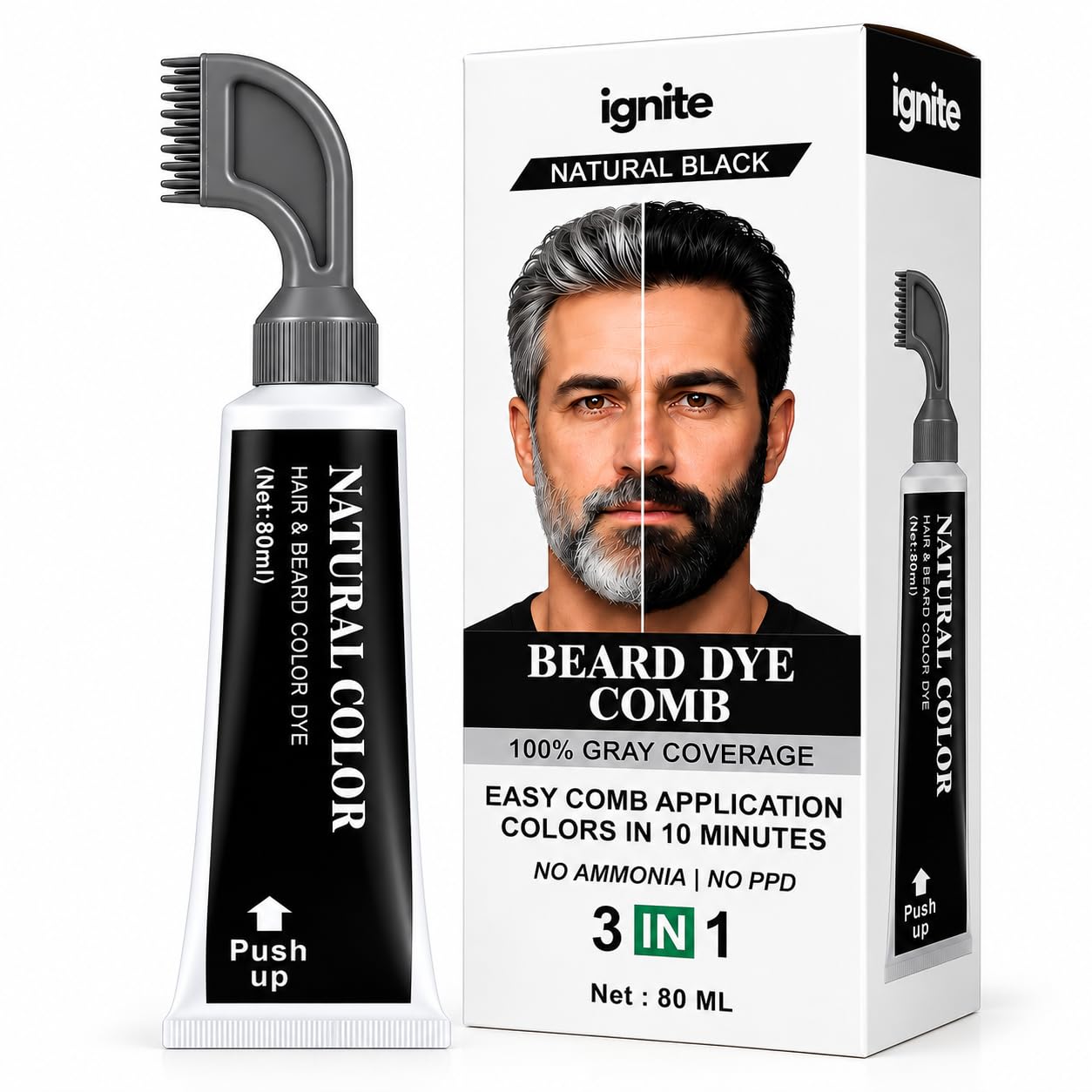 Beard Dye Comb for Men, Natural Black Beard Color Applicator, Reusable Comb, Covers Gray Beard Hair