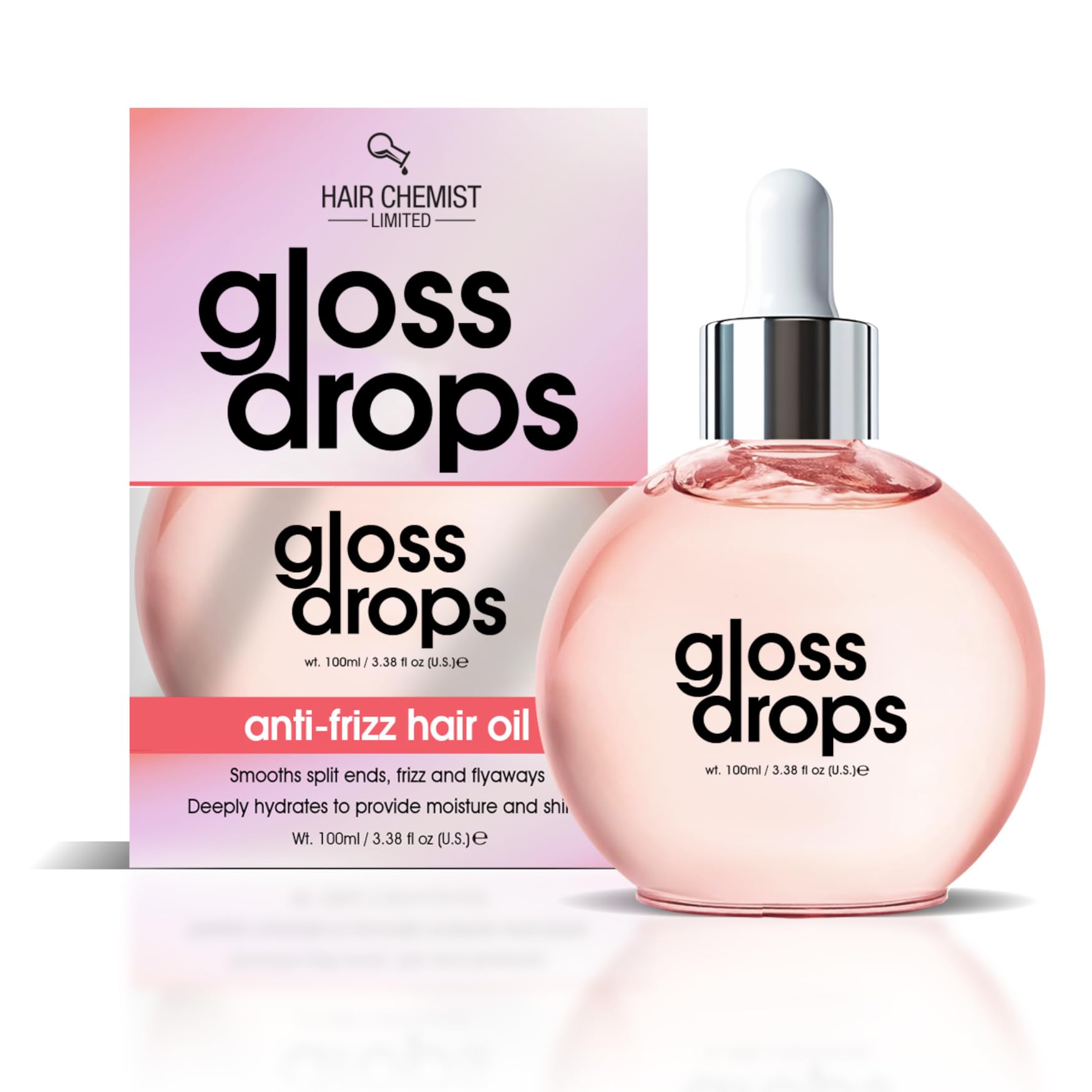 Hair Chemist Gloss Drops AntiFrizz Hair Oil 3.38 oz.  Lightweight HighShine Serum to Smooth Split Ends & Flyaways, Deep Hydra