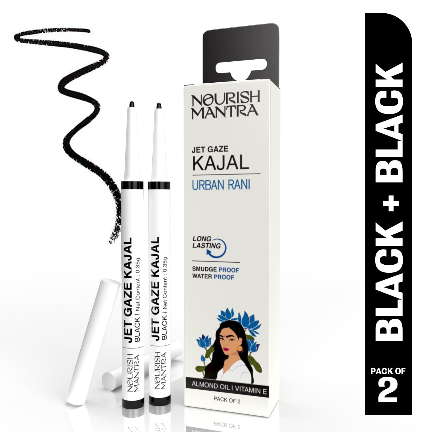 Nourish Mantras Jet Gaze Kajal Urban Rani - Combo - Black & Black 0.35G/ With Almond Oil, Argan Oil & Vitamin E/Intense Pigmenta