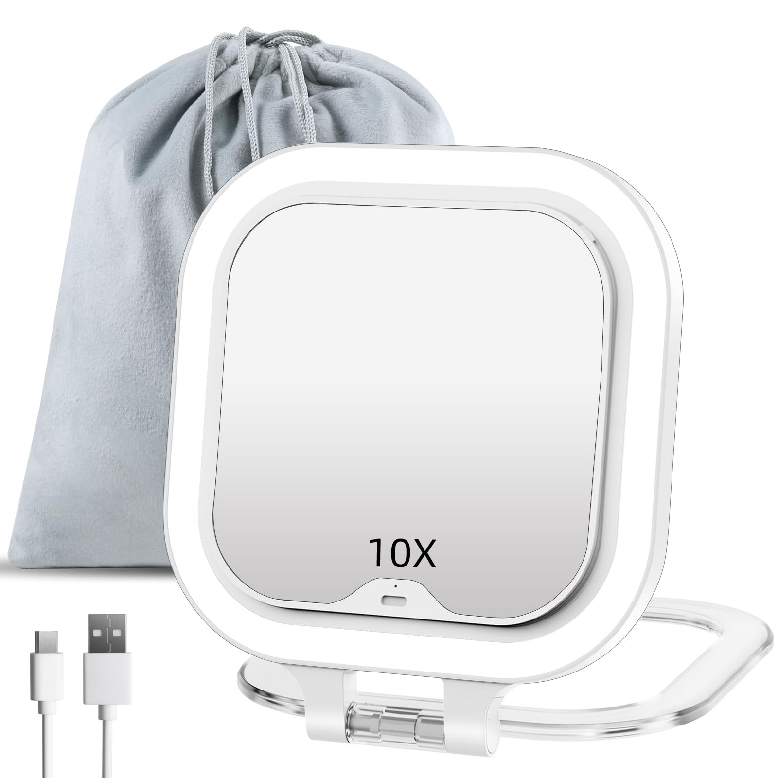 Funtouch Compact Travel Lighted Makeup Mirror, Rechargeable Double-Sided 1X10X Magnification Mirror With 3 Lights, Handheld Tabl