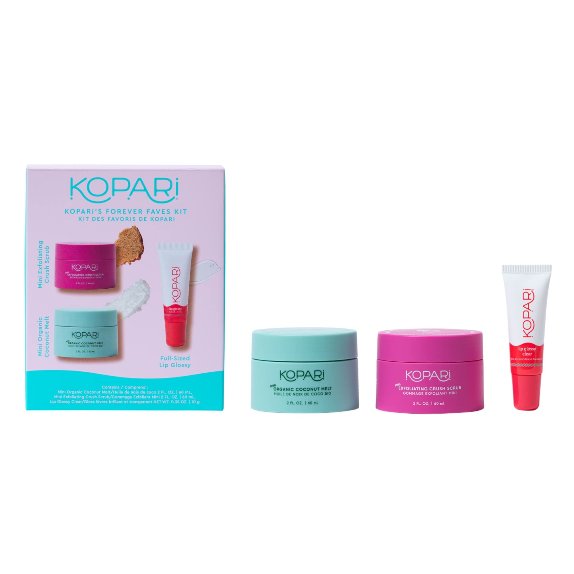 Kopari Forever Faves Bundle | Mini Organic Coconut Melt, Exfoliating Mini Coconut Crush Scrub, Clear Moisturizing Lip Glossy | B