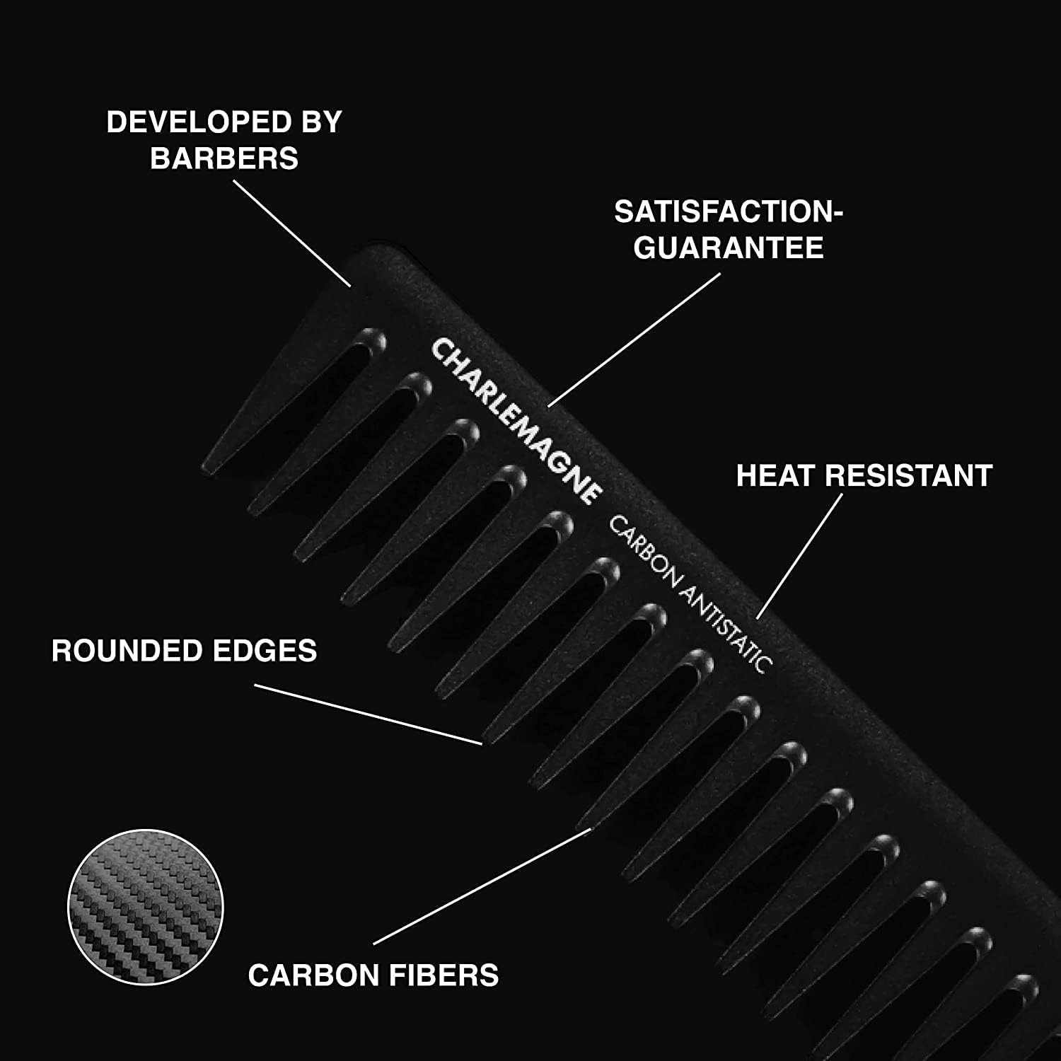 Charlemagne Men's Styling Comb | Shatterproof Premium Carbon Comb for Hair and Beard | 19 cm Coarse Teeth | Antistatic Styling H