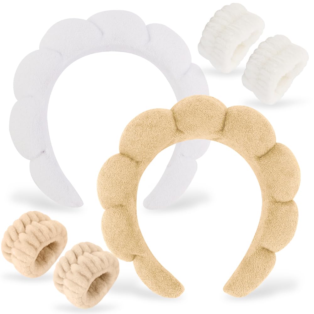 AHONEY 2 Set Spa Headbands for Washing Face Wristband, Sponge Facial Skincare Headbands Terry Cloth Puffy Makeup Headbands for W