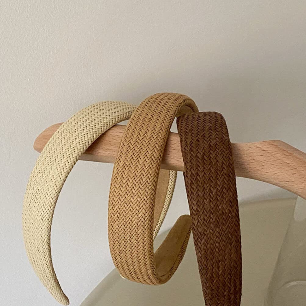 minkissy 3Pcs Straw Headbands Fashion Wide Headbands Rattan Boho Headband Non Slip Braided Raffia Head Bands for Beach Autumn Ha