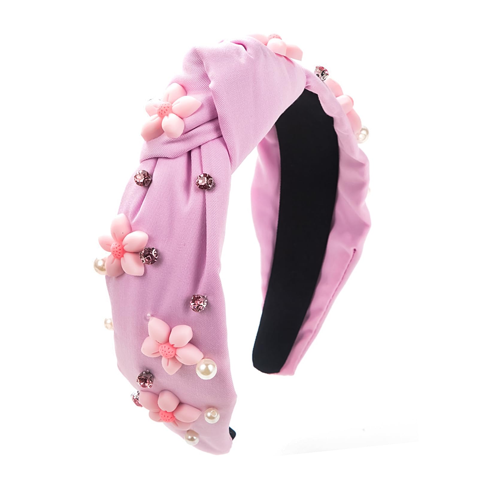 Rhinestone Knotted Headband for Women Girls, Pink Flower Jeweled Headband Sparkly Pearl Beaded Hair Hoop Cute Knot Hairband Fash