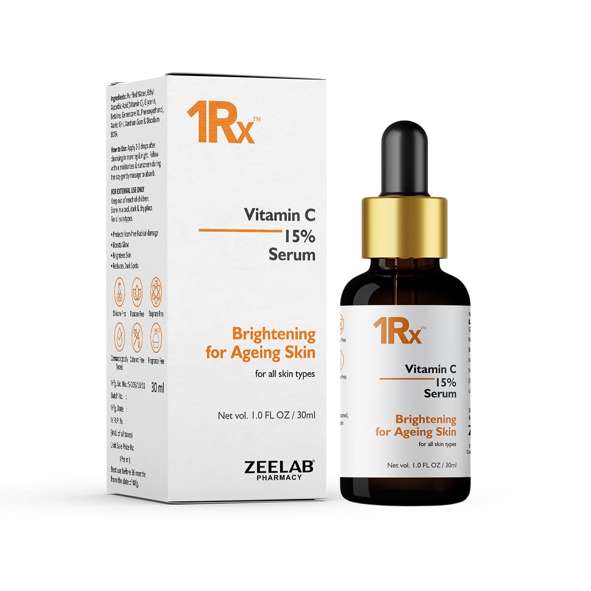 Zeelab Vitamin C 15% Face Serum - Brightening & Anti-Aging Formula For Radiant Skin - Helps Reduce Dark Spots, Uneven Tone & Fin
