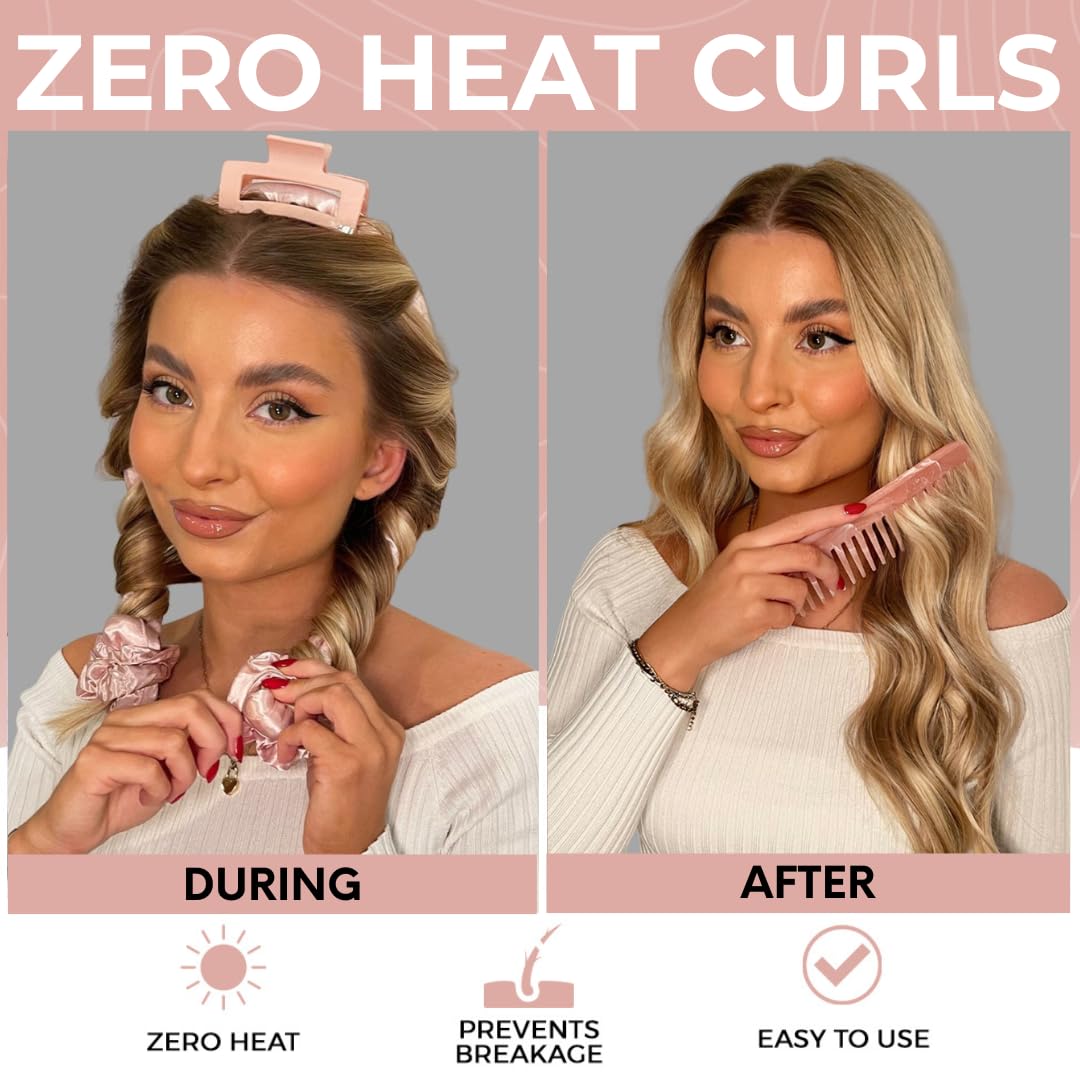 Lily England Heatless Hair Curler, 6-Piece No Heat Curls Overnight Set Includes A Detangler Brush, Scrunchies, Claw Clip & Comb