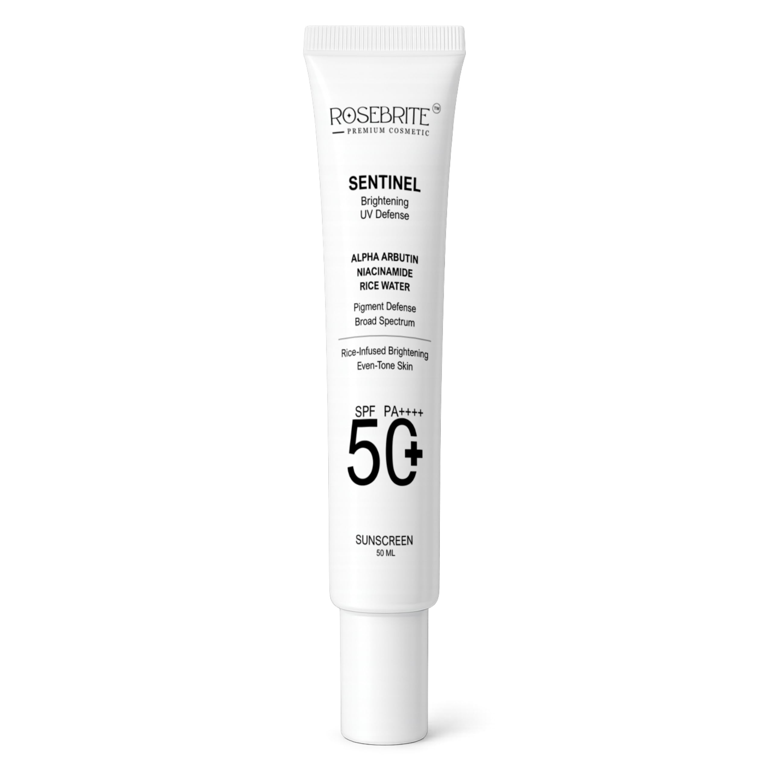 Rosebrite Sentinel Sunscreen SPF 50+ PA++++ with Alpha Arbutin, Niacinamide & Rice Water  Brightening UV Defense, Pigment Defen