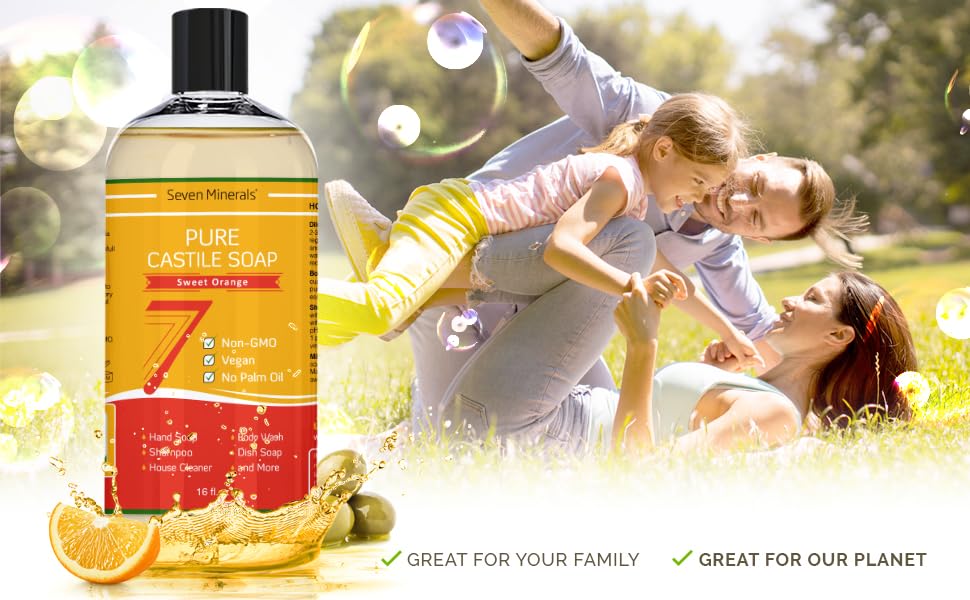 Pure Castile Soap, Sweet Orange - No Palm Oil, Gmo-Free - Gentle Liquid Soap For Sensitive Skin & Baby Wash - All Natural Vegan