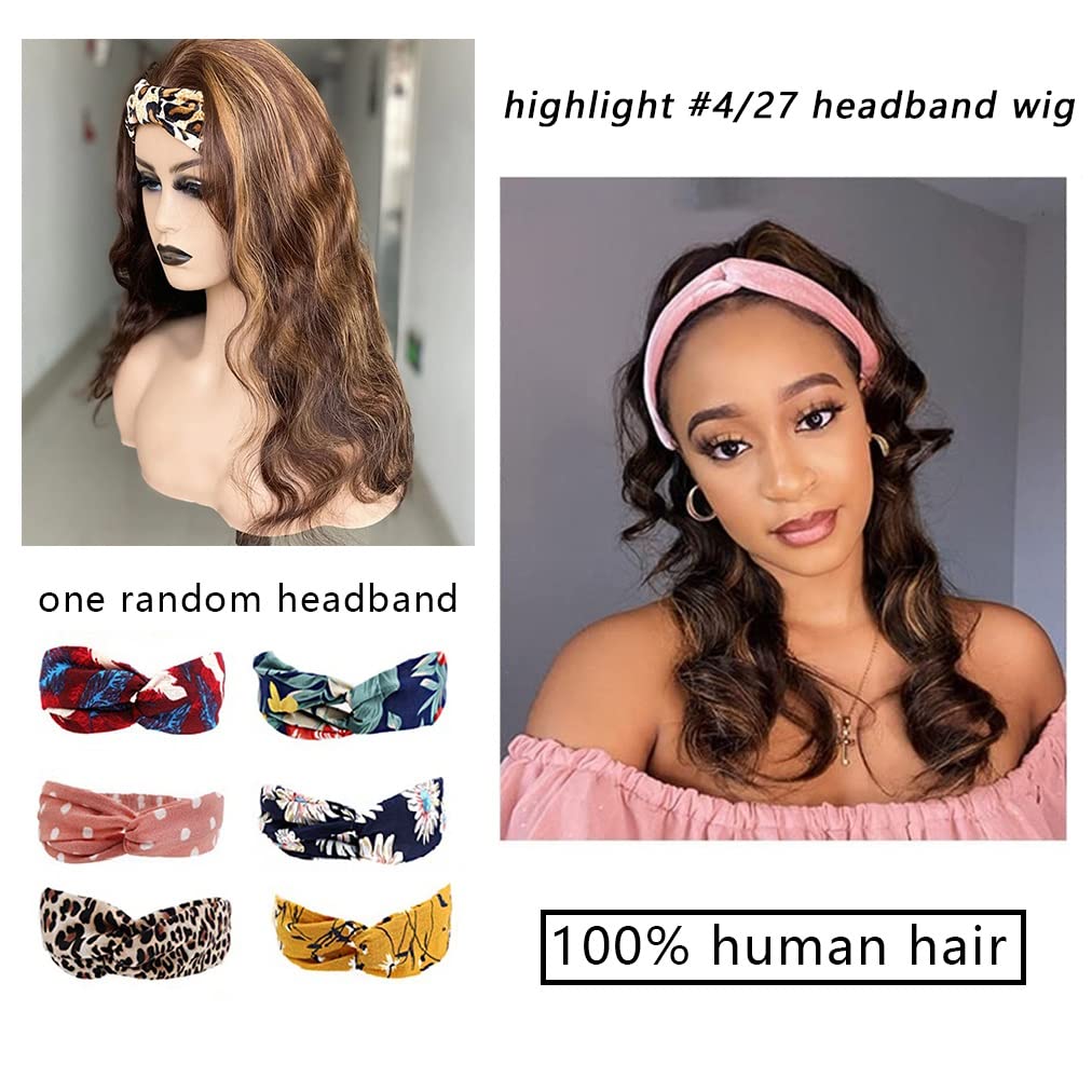 Higher Ombre Headband Wig Human Hair 12 Inch Body Wave #4/27 Highlights Glueless Lace Front for Black Women 150% Density