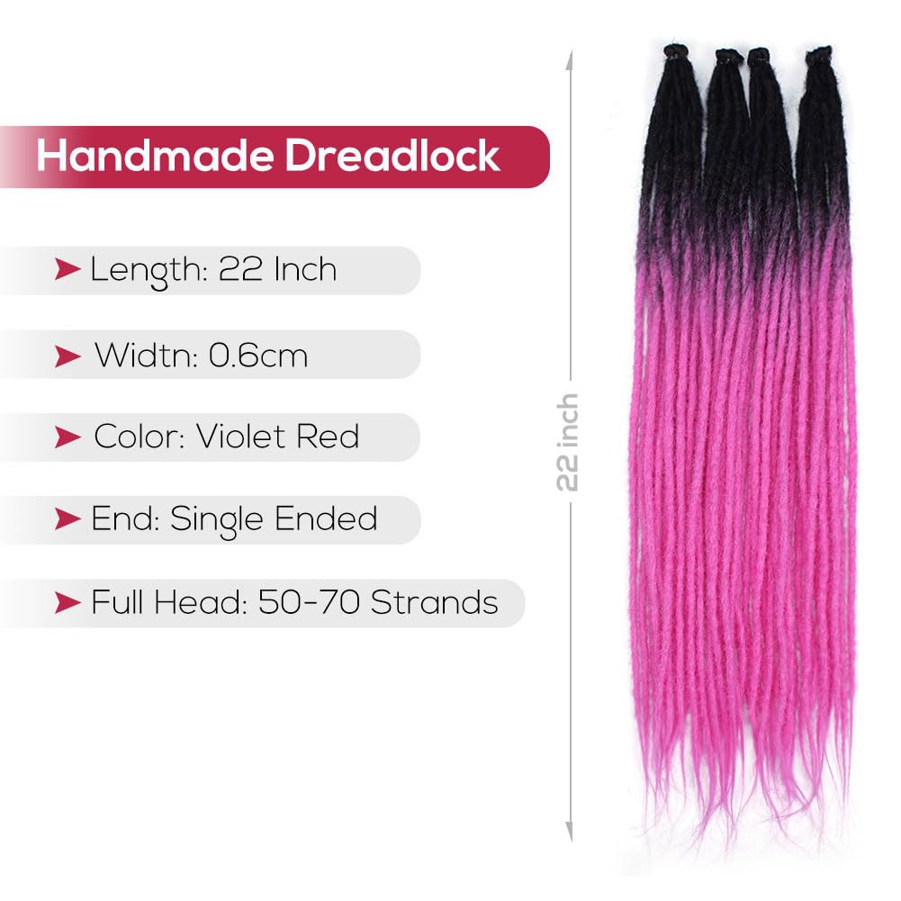 Kraler Violet Red Dreadlock Extensions, 22'' Synthetic Crochet Dreads Extensions 100% Handmade Single Ended Dreads Thin 0.6Cm Wi