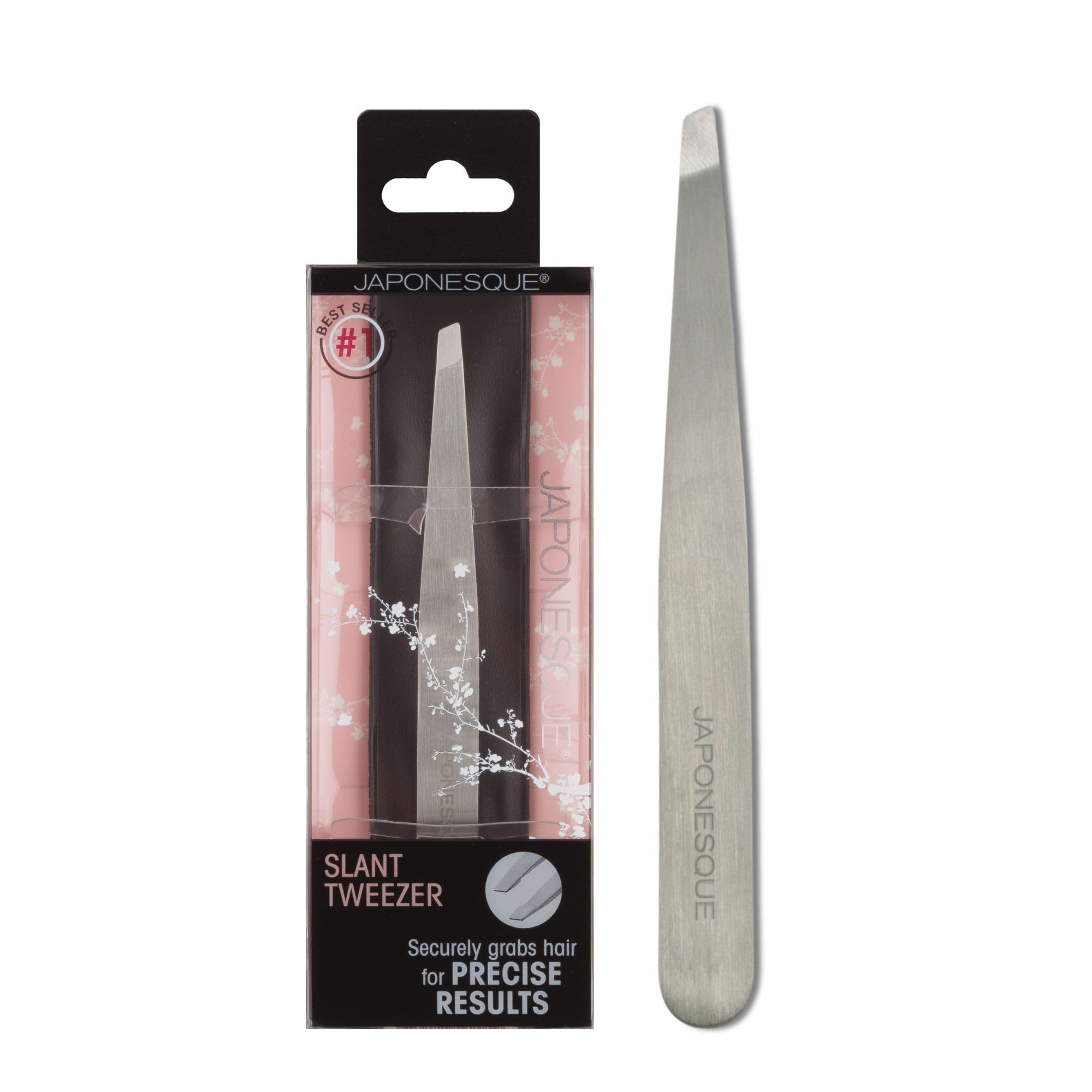 JAPONESQUE Slant Tweezer, with Precision Crafted, Hand Sharpened Tips for Shaping and Defining Brows, Includes Protective Storag