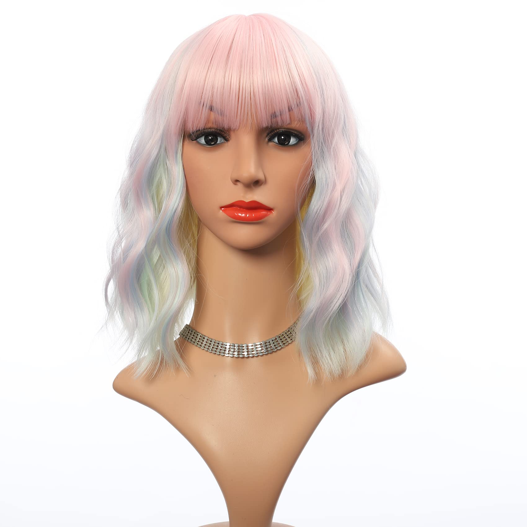 Vckovcko Colored Wig Natural Wavy Wig With Air Bangs Short Bob Piano Color Wigs Women'S Shoulder Length Wigs Curly Wavy Syntheti