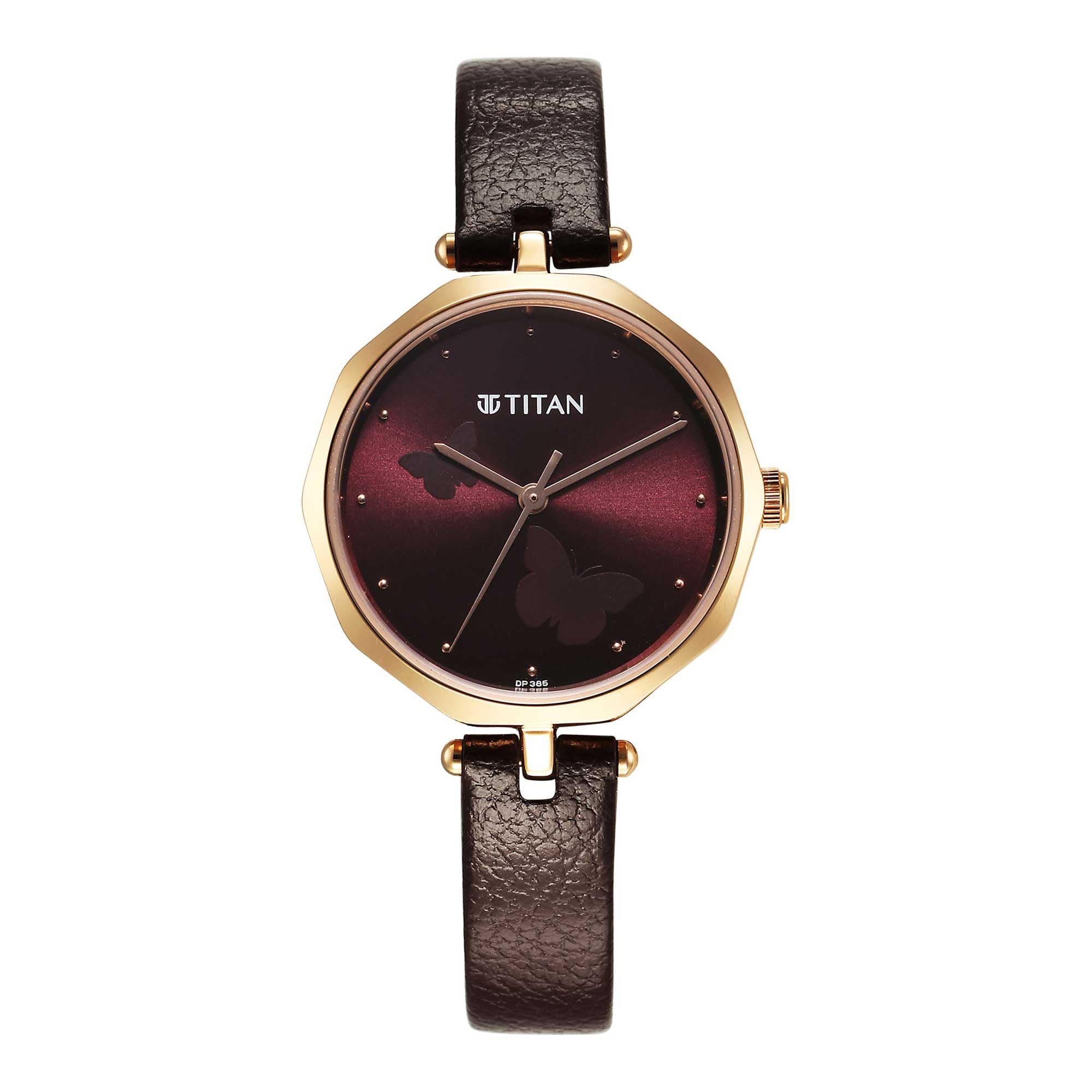 Titan Women Leather Analog Gold Dial Casual Watch, Band Color-Gold