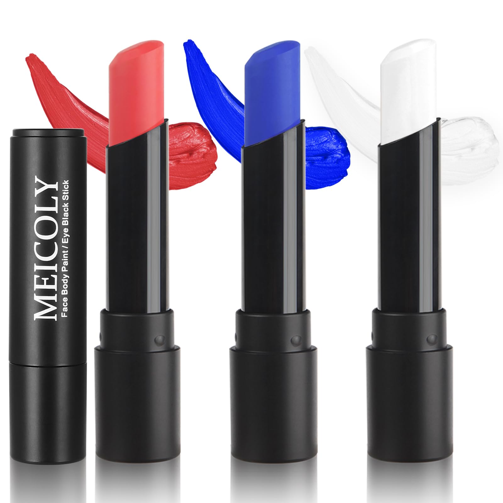 MEICOLY 4th of July Face Paint,USA Flag Face Paint,3Pcs Red White Blue Face Paint Body Paint Set,Sports Eye Black Stick For Soft