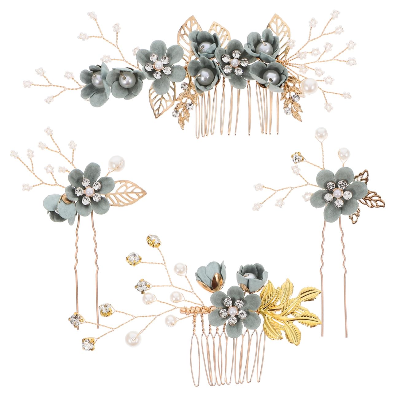 NOLITOY 4Piece Green Bridal Hair Comb Set with Rhinestone Flowers