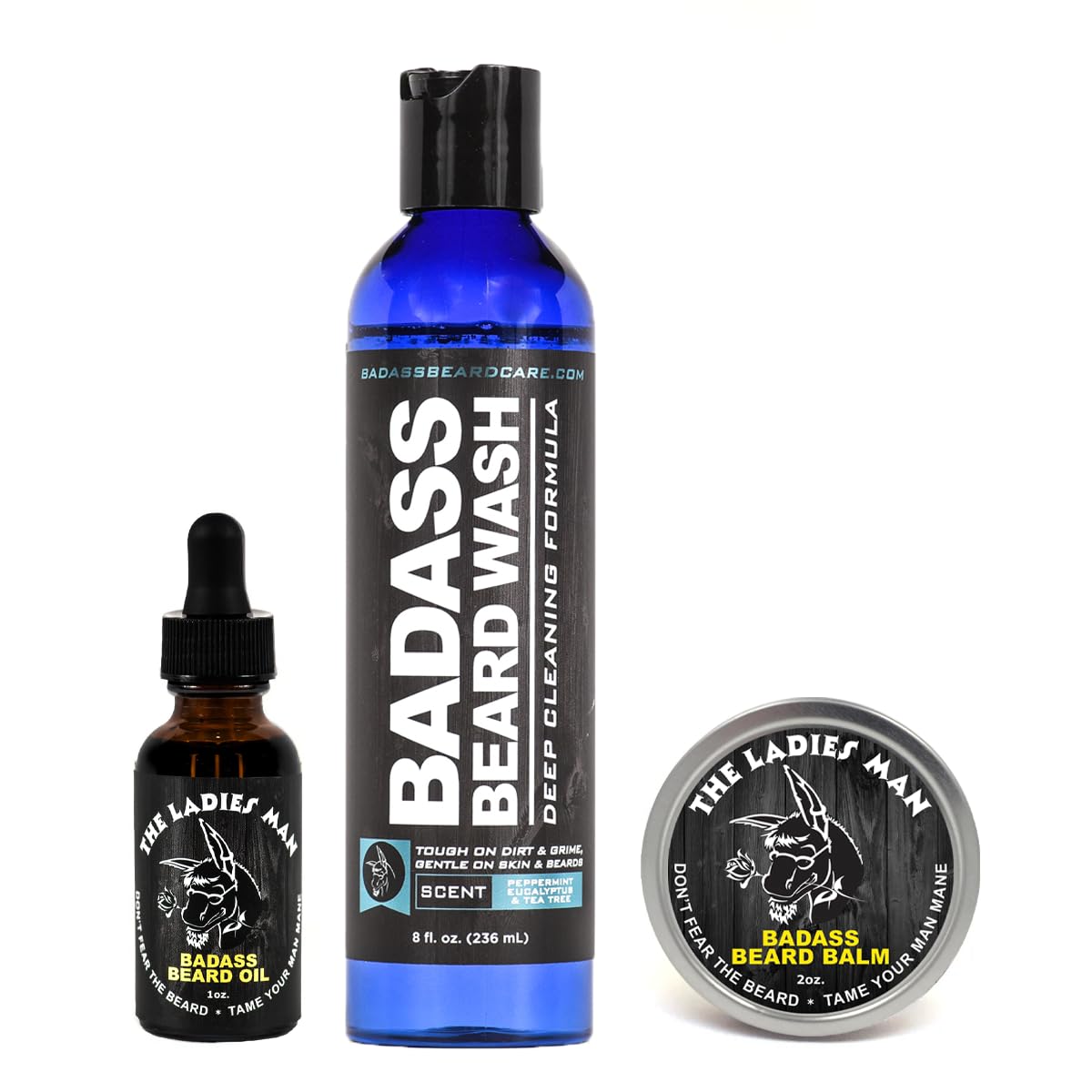 Badass Beard Care Badass Wash, Beard Oil, and Beard Balm Combo for Men - Natural Ingredients, Keeps Beard and Mustache Full, Sof