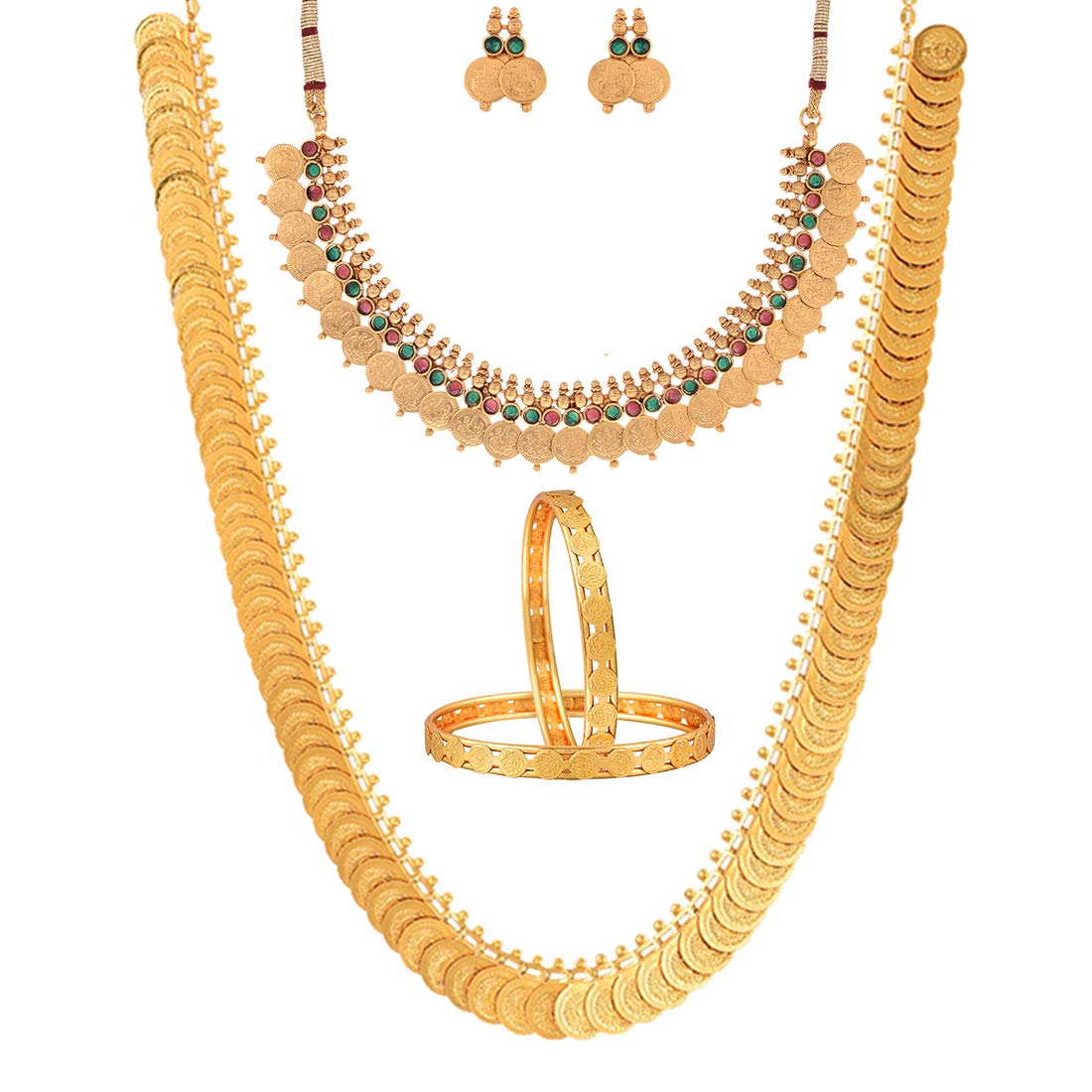 ZENEME Gold Plated and Bangles & Maharani Temple Coin Necklace Set for Women & Girls (Design_02, 2.6 Inches)