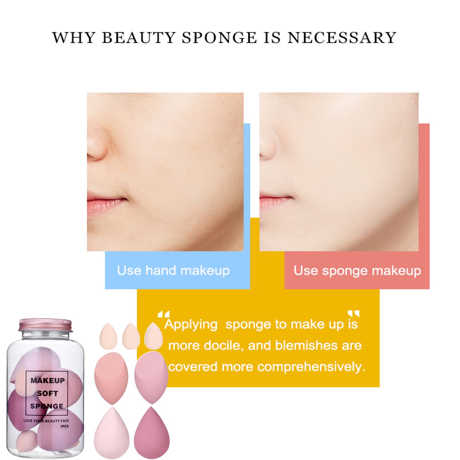 7 Pcs Multi-color Makeup Sponge Set, Foundation Blending Beauty Blender, Flawless for Liquid Creams and Powders