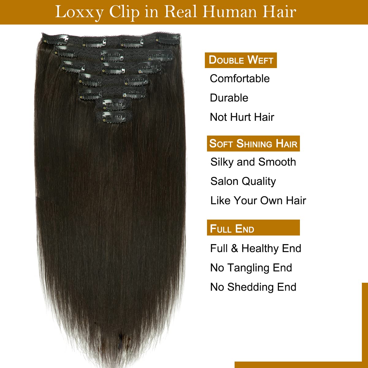 Loxxy Hair Extensions Clip In Human Hair Natural Black #1B Double Weft Brazilian Thick Silky Straight 14 Inch 120G