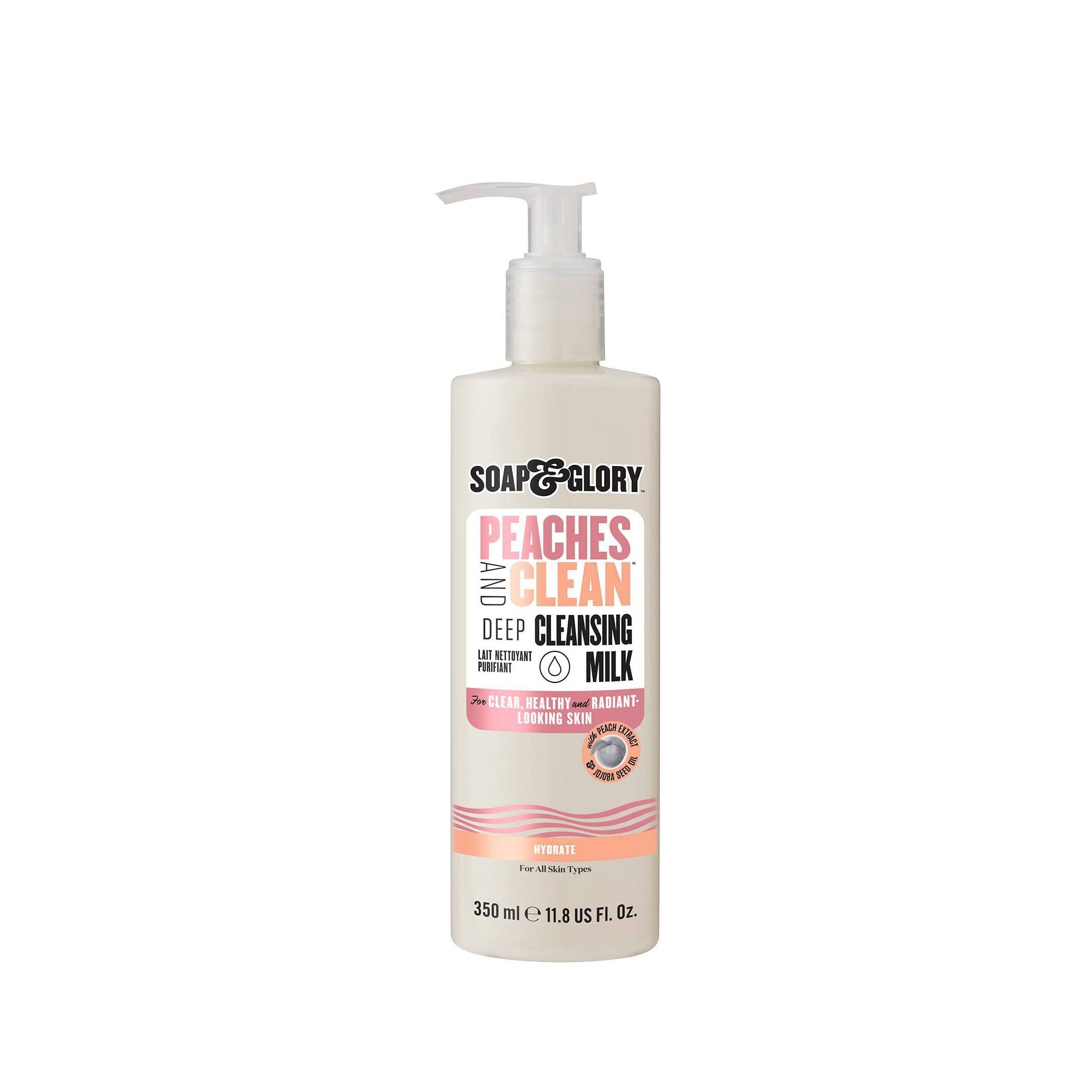 Soap & Glory Peaches & Clean Deep Cleansing Milk - 4 in 1 Milk Cleanser & Makeup Remover with Peach Extract, Ginseng & Jojoba Oi