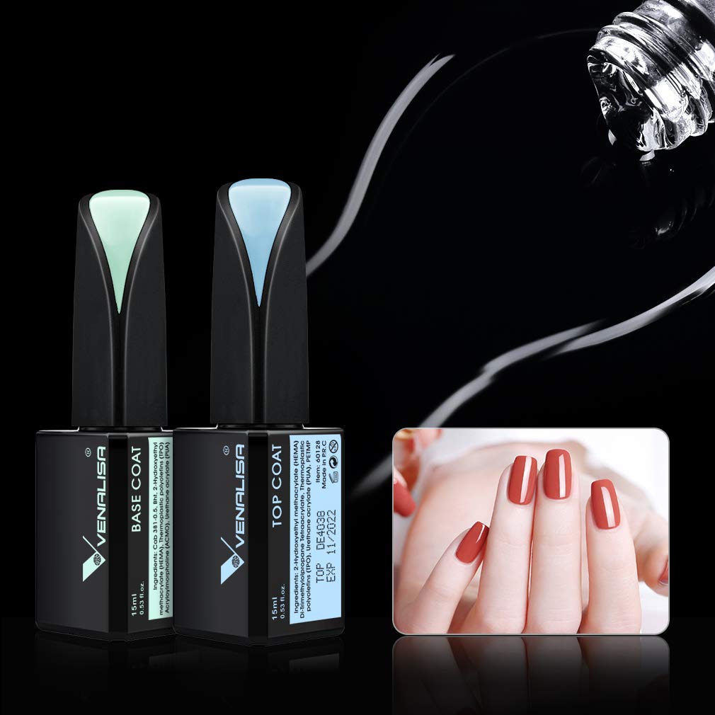 Venalisa 2 Pcs 15Ml Gel Nail Ploish Base And Top Coat Set, No Wipe High Gloss Long Lasting Tempered Top Coat Polish Soak Off Led