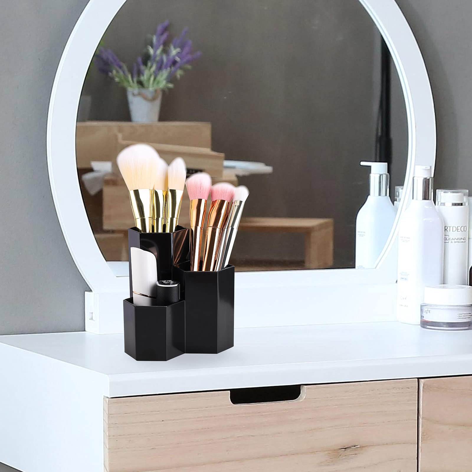 Lovebb Makeup Brush Holder Organizer, 3 Slot Plastic Cosmetics Brushes Pen Storage Solution, Black