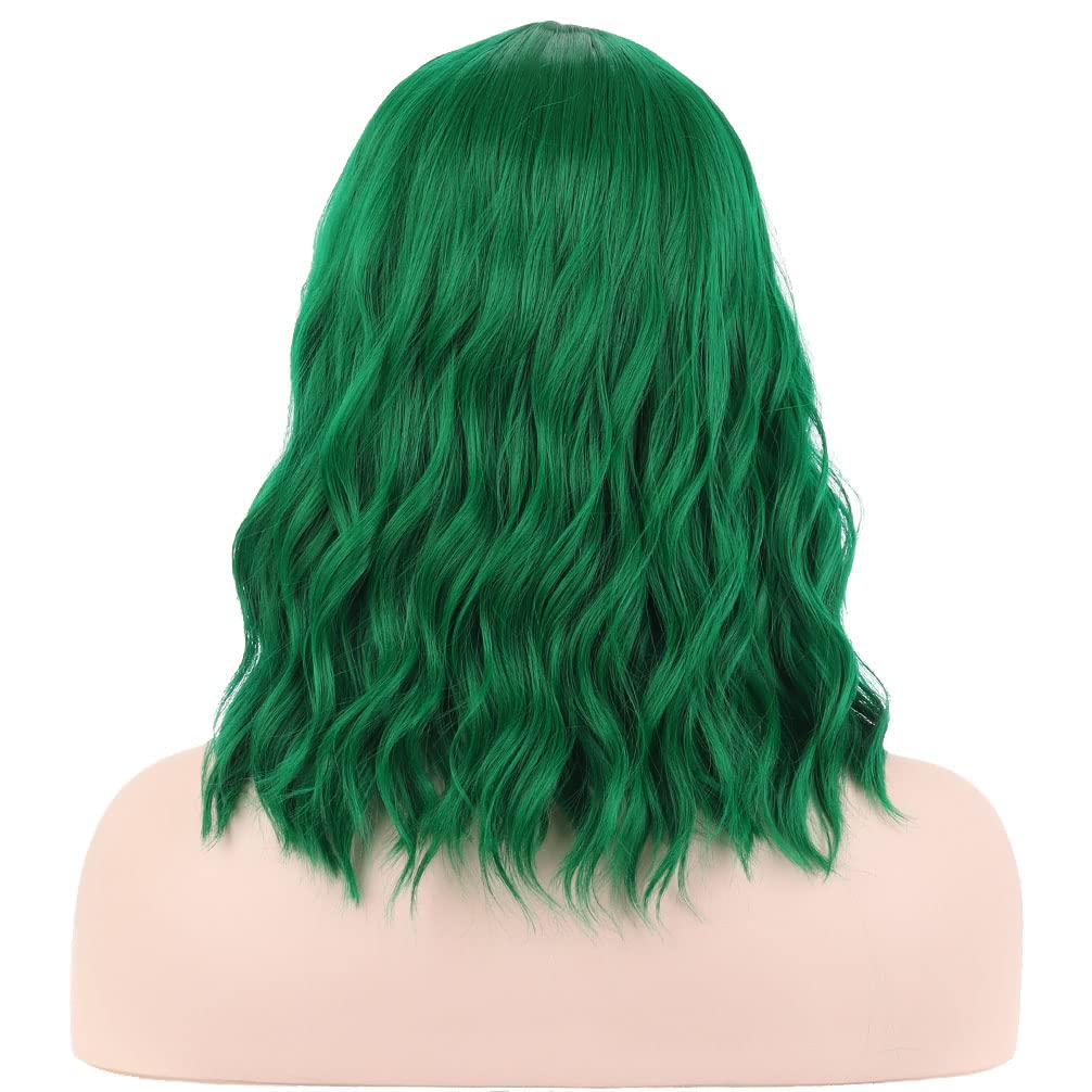 PATTNIUM 14 Inches Green Wig Short Wavy Wig Dark Green Wig with Bangs Women Girls Heat Resistant Synthetic Cosplay Costume Wig (