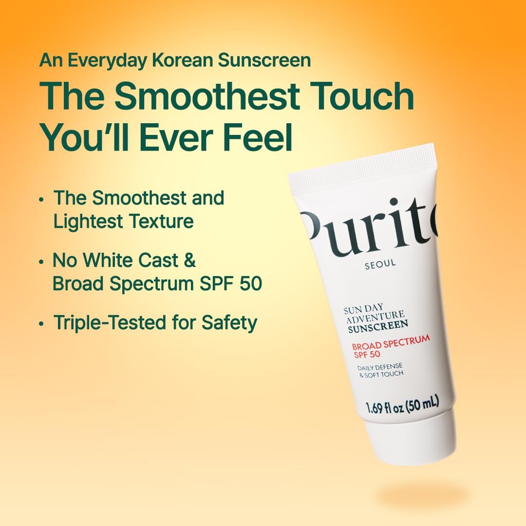PURITO Sun Day Adventure Korean Sunscreen Smoothest and Lightest Texture Broad Spectrum SPF 50 UVA & UVB Protection No White Cas