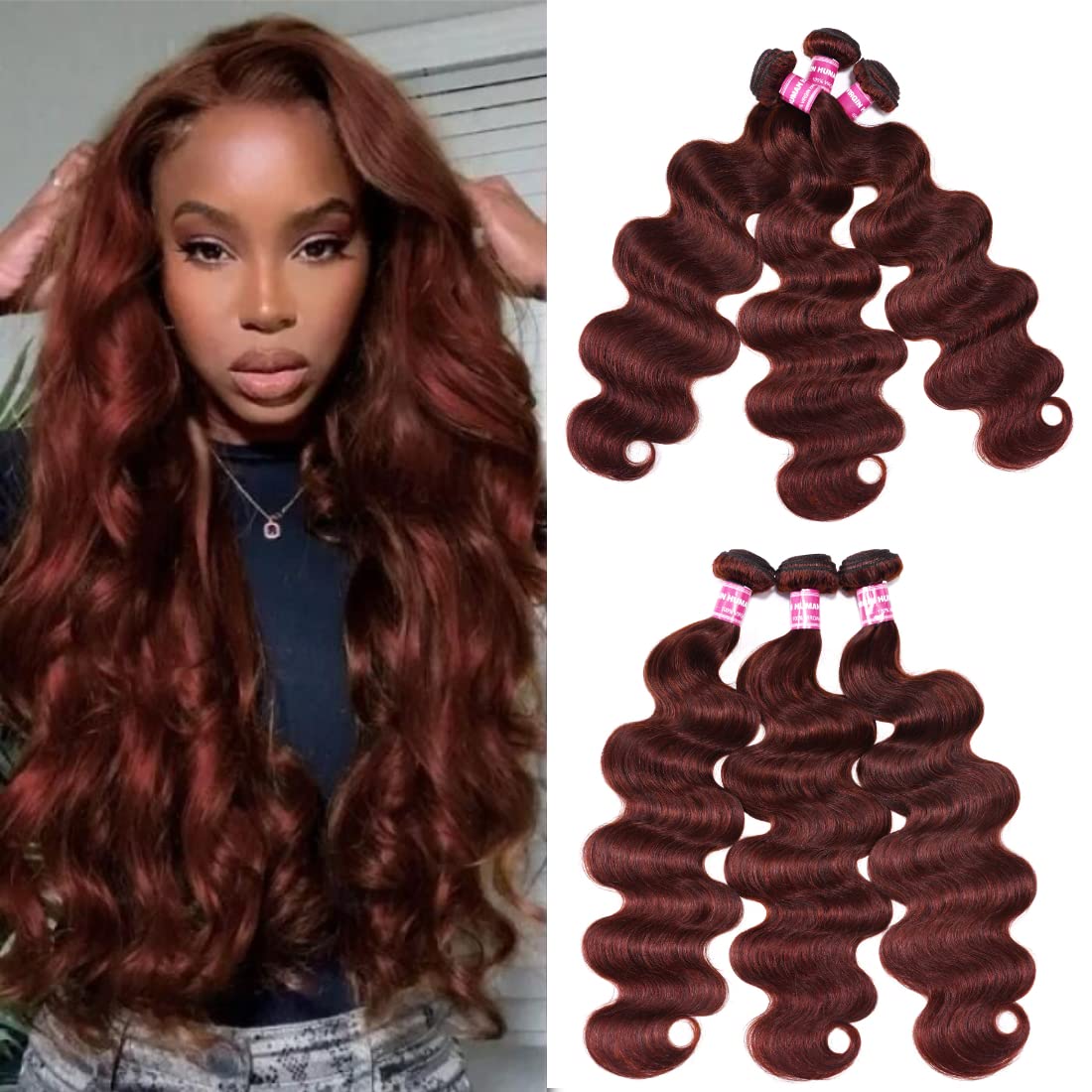 UNICE Reddish Brown Body Wave Human Hair Weave 4 Bundles 14 16 18 20 inch, Brazilian Remy Hair Auburn Brown Copper Red Human Hai