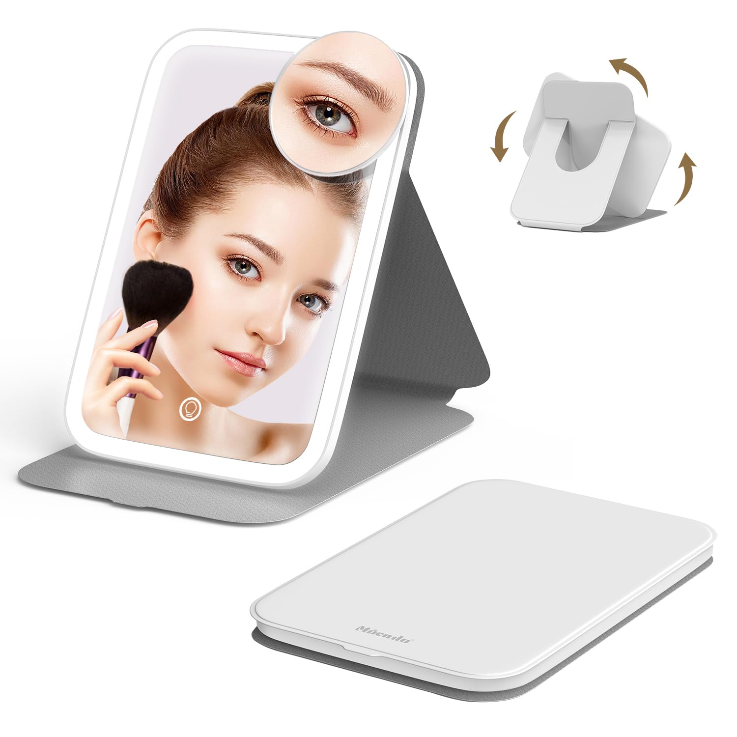 Mocado Travel Makeup Mirro with Lights, 360 Rotation Lighted Makeup Mirror, Portable Mirror with 10x Magnification, 60LEDs 3 Col