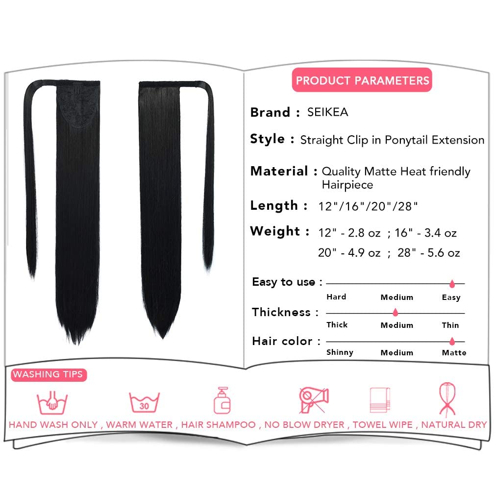 SEIKEA Clip in Ponytail Extension Wrap Around Straight Hair for Women (12'', Black)
