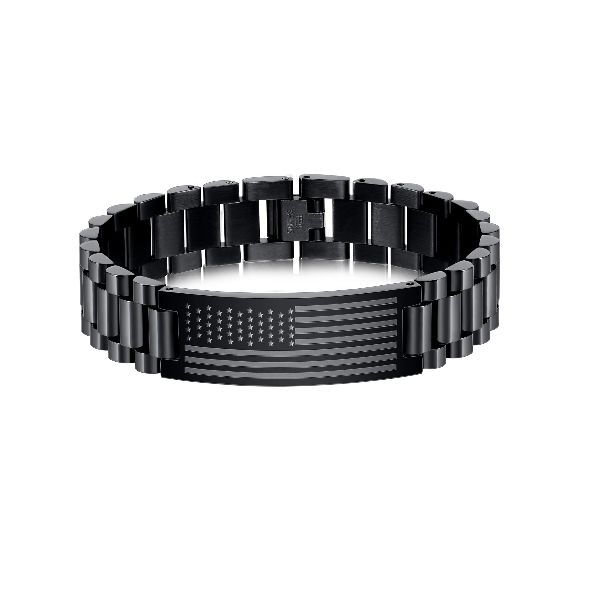 P.BLAKE American Flag Watch Band Link Bracelet for Men, Stainless Steel Engraved Valentines Day Independence Day Jewelry Gifts 