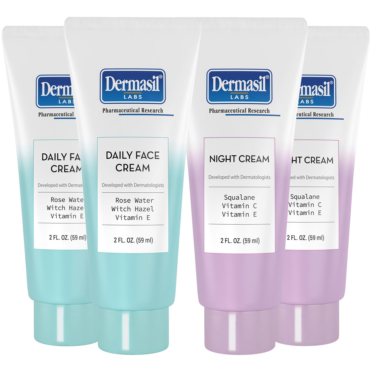 Dermasil Face Moisturizer, Oil Free Bundle  Daily Face Cream with Witch Hazel and Rose Water 2Pack + Night Cream with Vitamin 