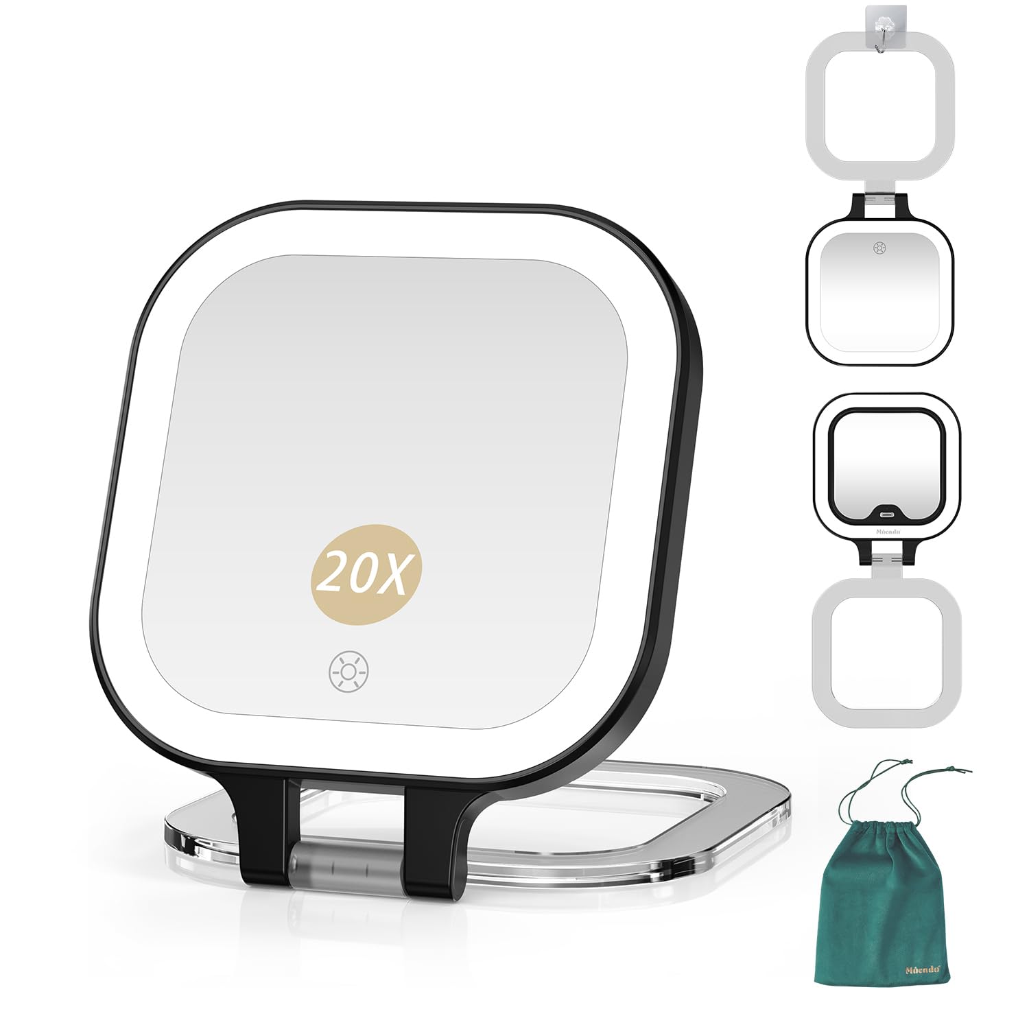 Mocado Compact Travel Makeup Mirror, 1X/20X Magnifying Mirror with Light, Double Sides Compact Mirror with 3 Color Light, Dimmab