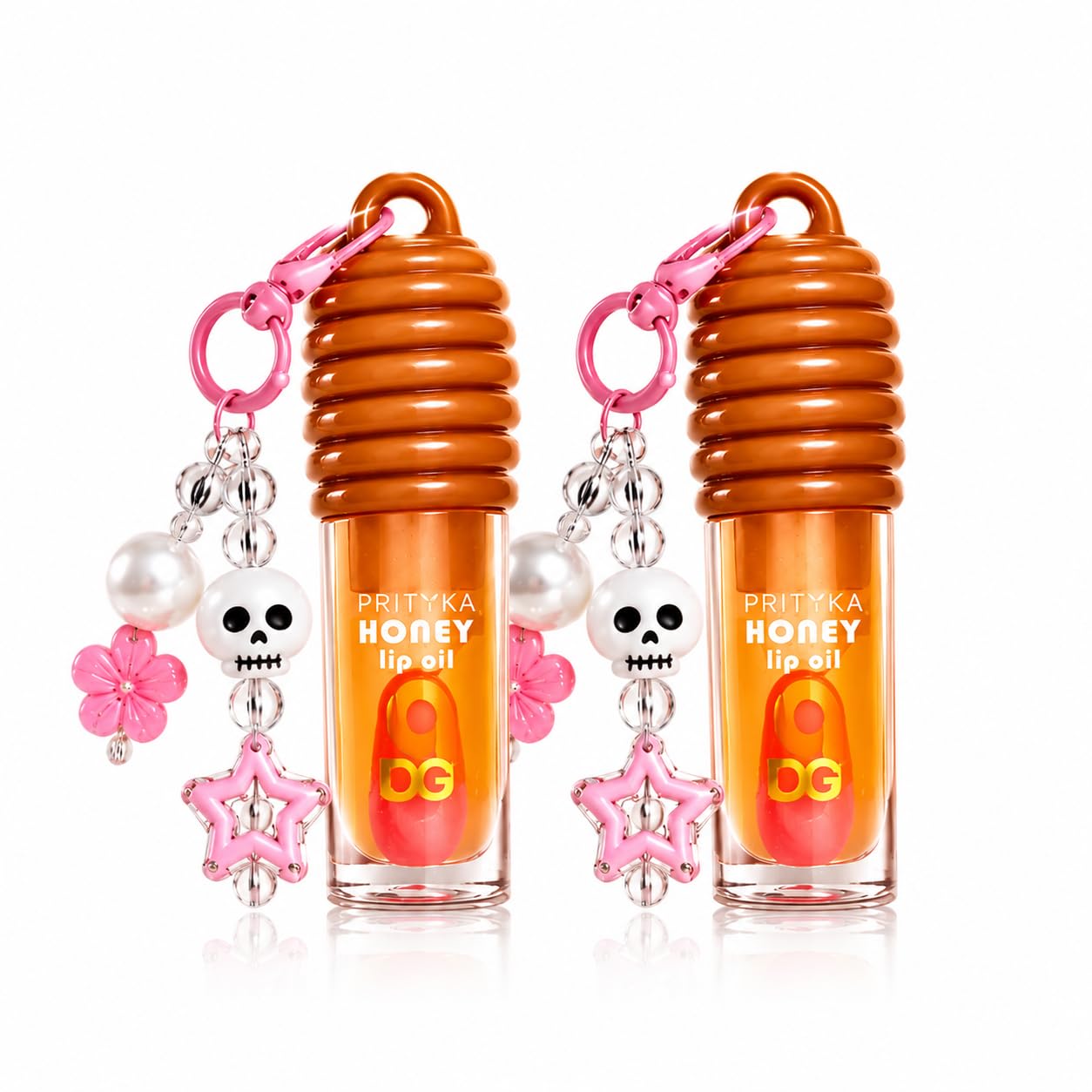 Pack Of 2 Prityka Honey Lip Oil Hydrating Lip Gloss With Honey Dipper Cap And Skull Star Pearl Keychain Charm For Women And Girl