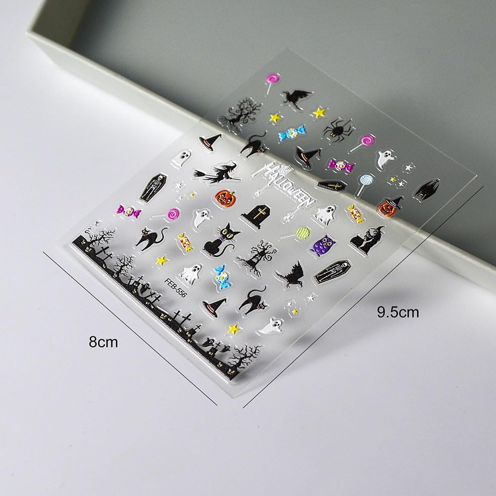 Halloween Nail Art Stickers 5D Embossed Cat Ghost Nail Stickers Witch Monster Candy Pumpkin Spider Star Nail Decals For Women Gi