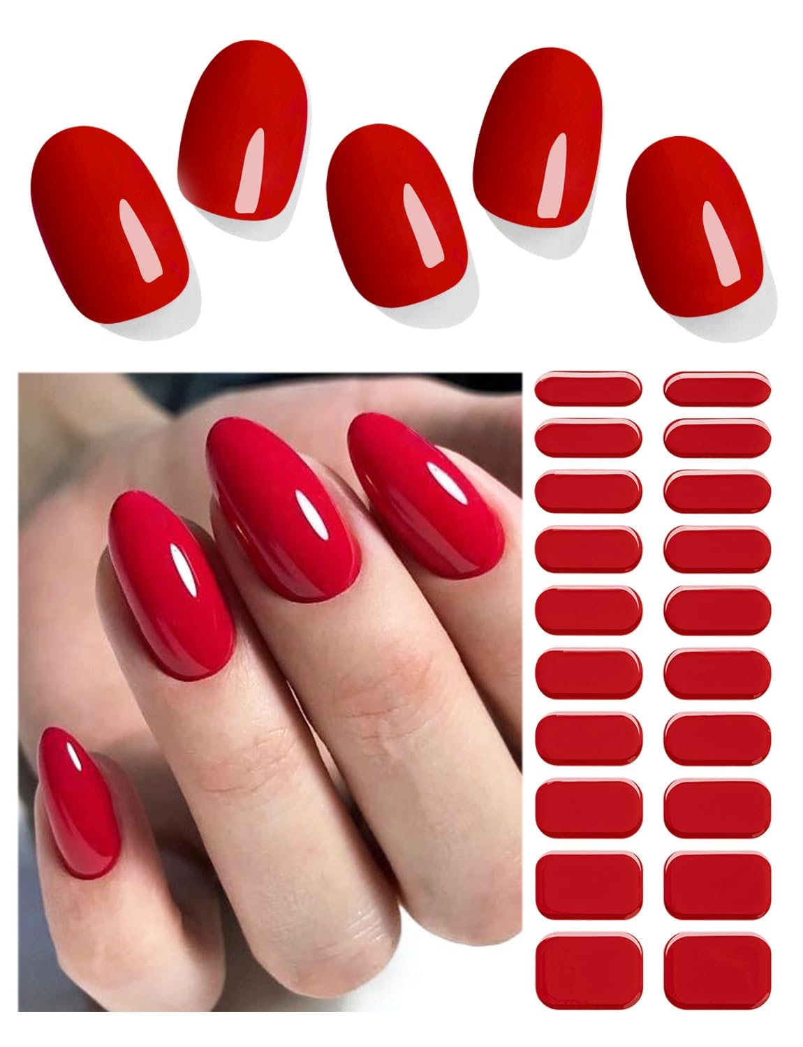Wahrshei Semi Cured Gel Nail Strips | 20pcs Dark Red Gel Nail Stickers UV | Semi Cured Gel Nail Wraps for Home Nails DIY