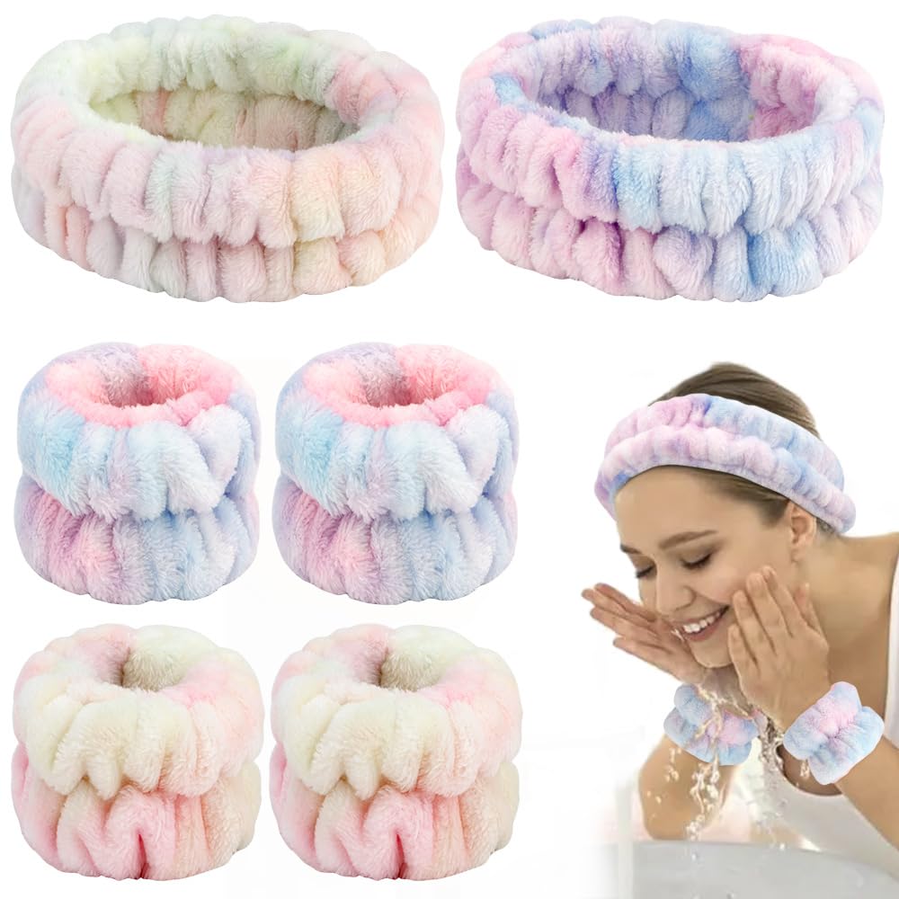 AHONEY Skincare for Teens Kids Headband Wrist Cuffs for Washing Face Wash Headbands for Girls Wome, Cute Fuzzy Tie-dye Spa Headb