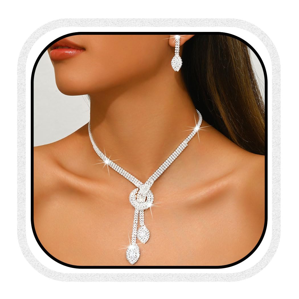 Unicra Silver Rhinestone Bridal Wedding Jewelry Set Crystal Necklace Earrings Sets Formal Prom Costume Jewelry Sets for Women an