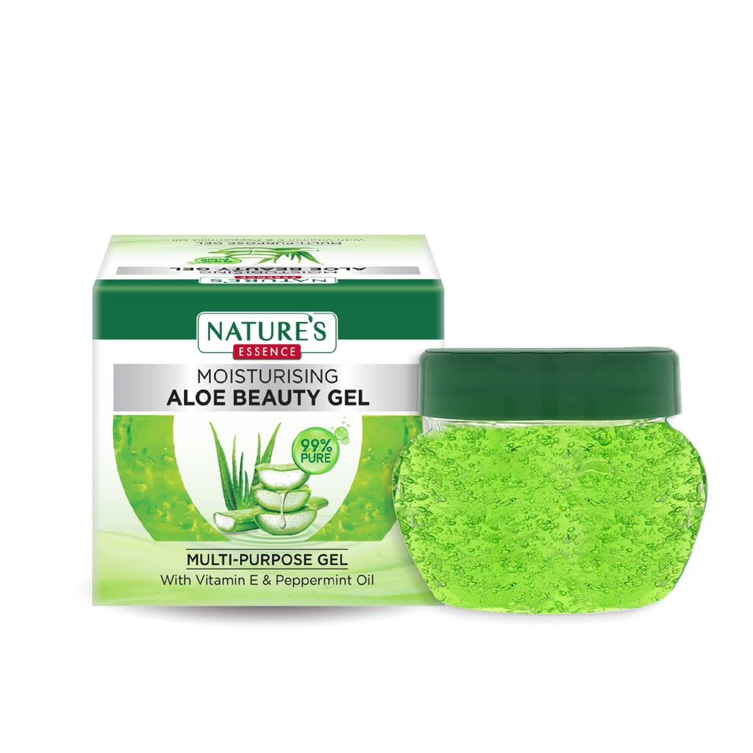 Natures Essence Moisturising Aloe Beauty Gel With Vitamin E And Peppermint Oil | Multipurpose Gel | 99% Pure Aloe Vera Extracts 