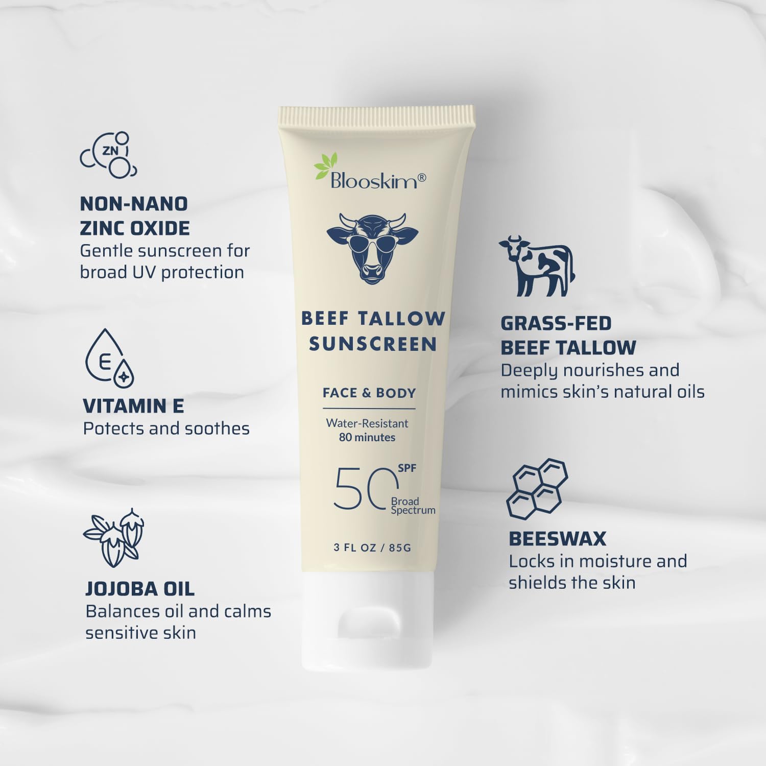 Beef Tallow Sunscreen SPF 50: Natural Tallow & Zinc Oxide Sunblock Cream for Face & Body - Sun Protection with Non Greasy Formul