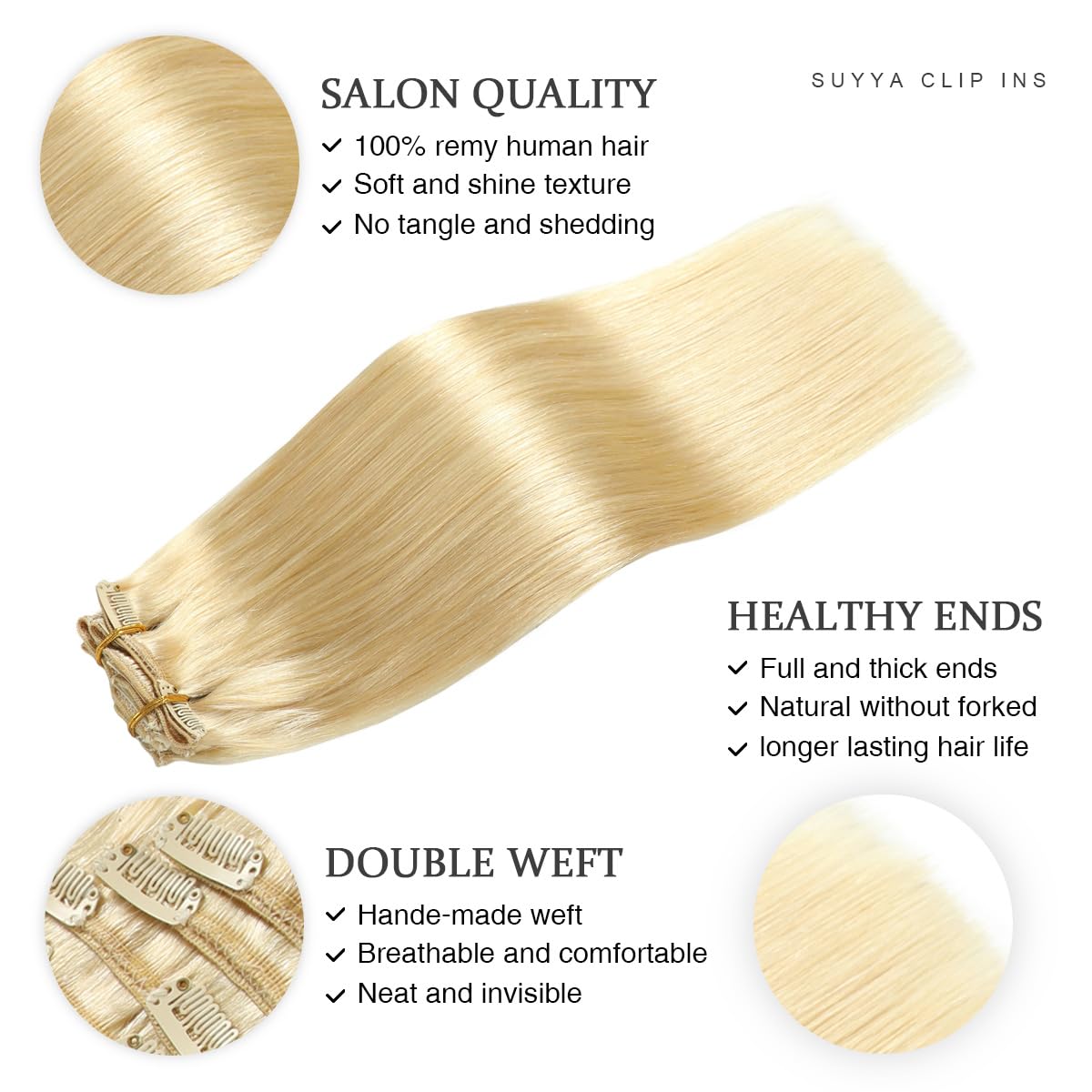 Suyya Clip In Hair Extensions Real Human Hair,Bleach Blonde Clip In Hair Extensions Straight Human Hair Clip Ins Double Weft Hum