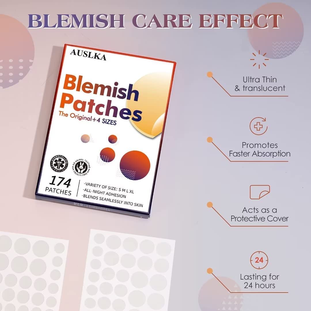 Auslka Blemishes Patches -175 Patches - Hydrocolloid Spot Dots - Blemishes Patch - Pimple Stickers, For Face Absorbing Cover Pat