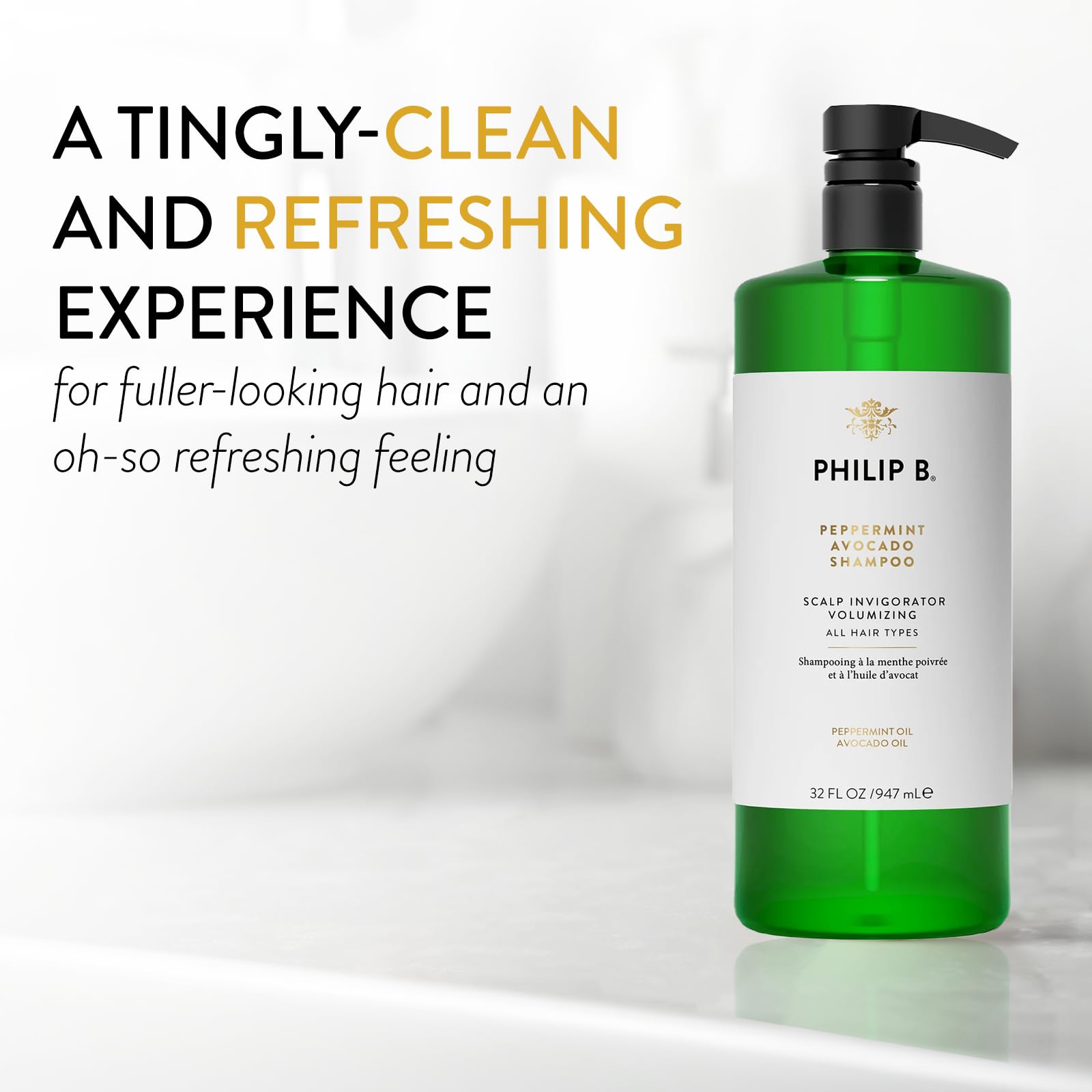 PHILIP B Peppermint Avocado Shampoo, 32 fl. oz. (947 ml) - Volumizing & Clarifying Shampoo for Dry to Oily Hair and Scalp, Non-S