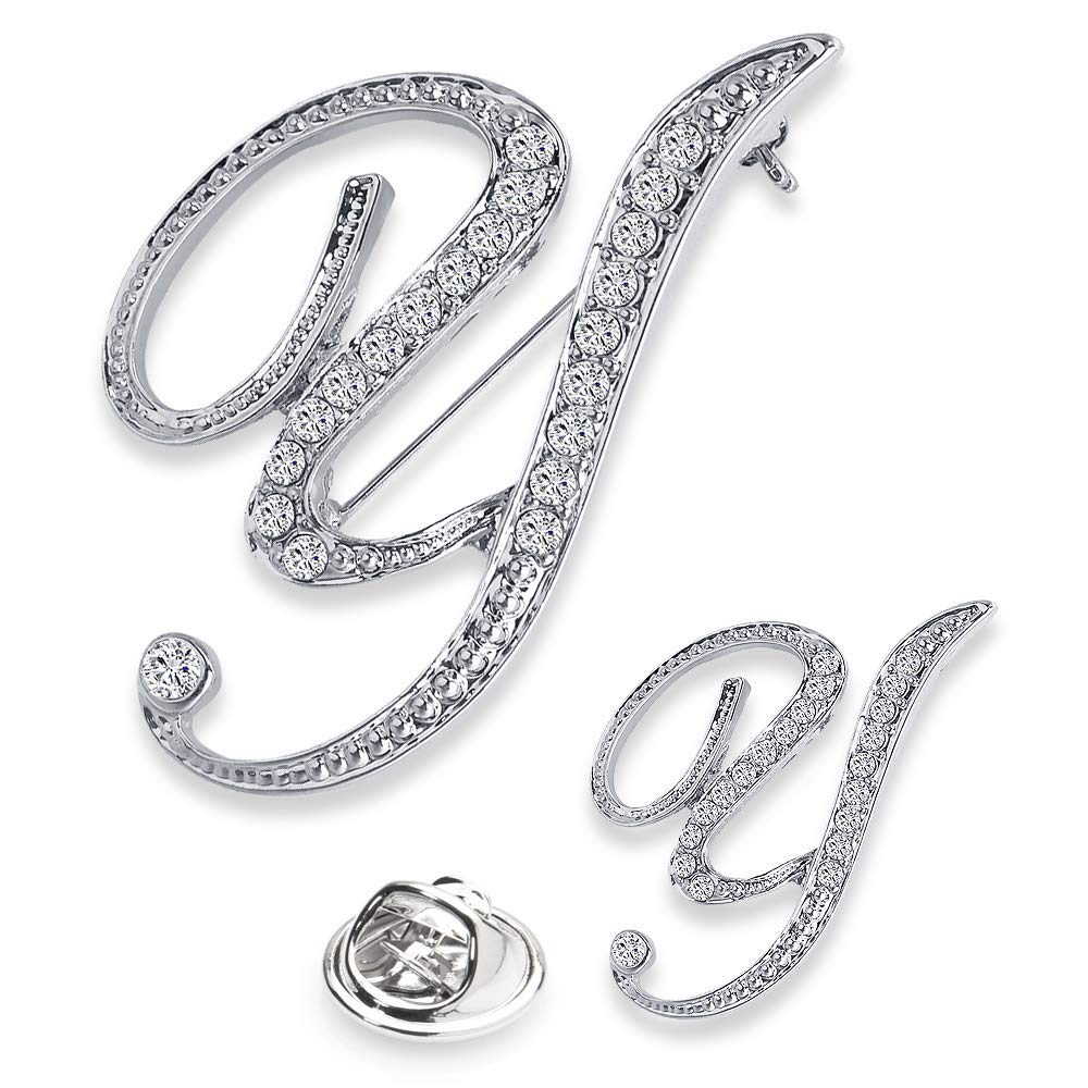 SINNKY A-Z Womans Letter Initial Brooch Pins, Silver Clear Crystal Rhinestone Breastpins Letter Stocking Pins 2size/package