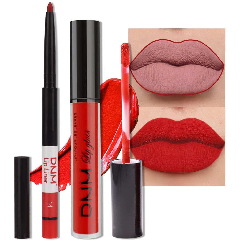 Evpct 2Pcs Ruby Red Matte Lip Liner And Lipstick Combo Dnm Red Lip Gloss Stains Pencil Makeup Set Women Waterproof Long Lasting