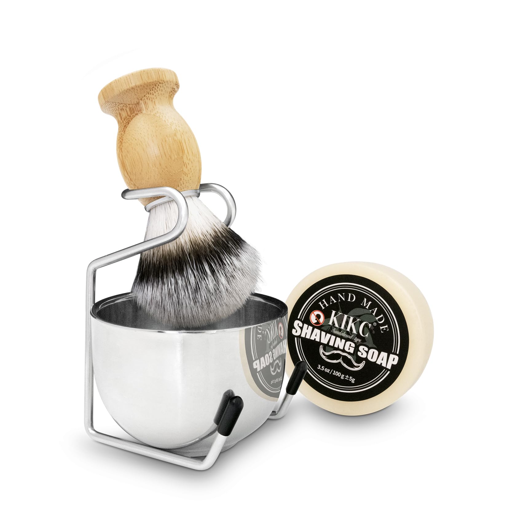 KIKC 4 in 1 Shaving Set for Wet Shave, Kit includes Hand Crafted Shaving Brush with Synthetic Hair Bristle, Stainless Steel Soap